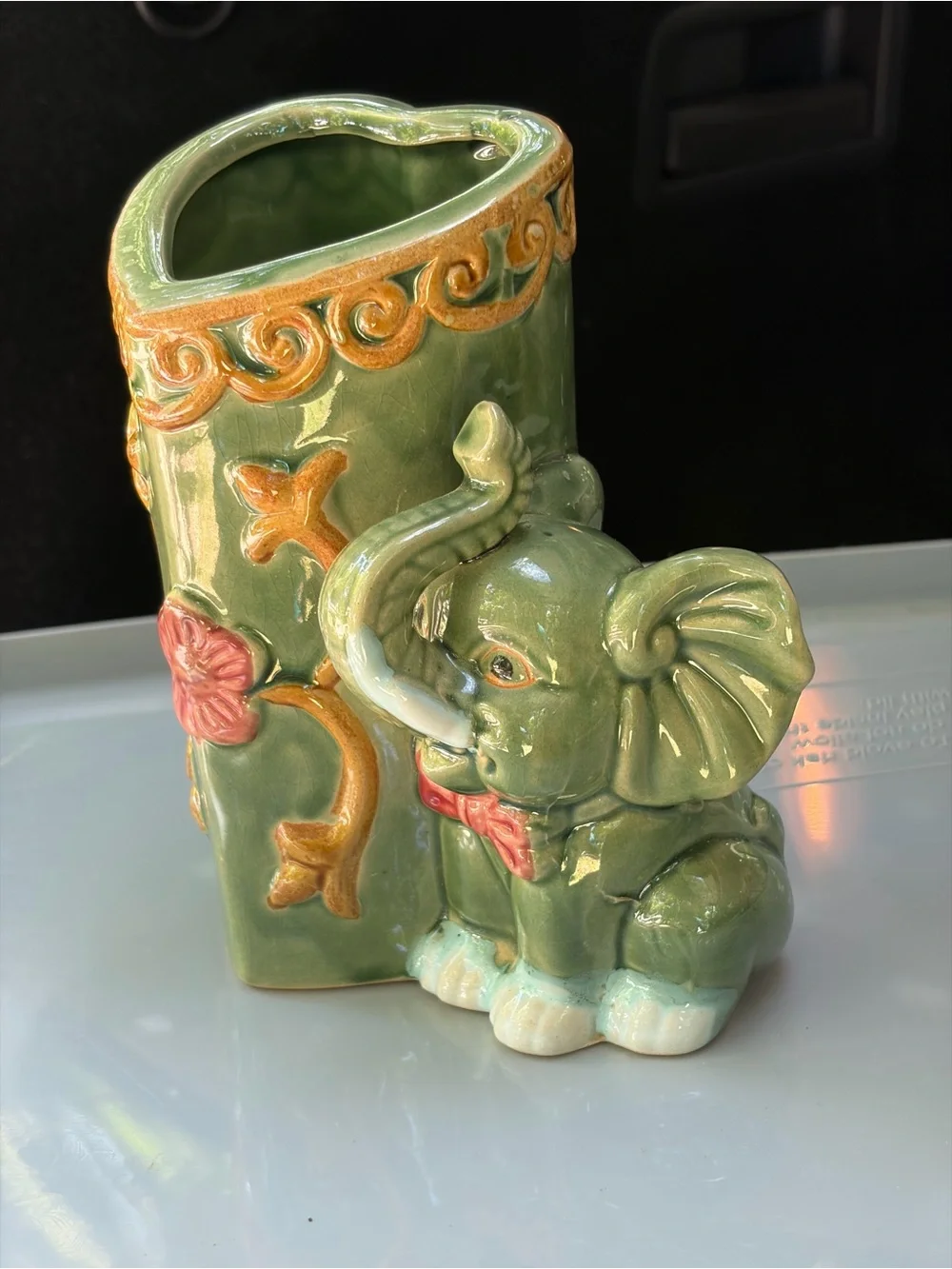 Vtg Baby Elephant Trunk Up Green Majolica Ceramic Vase W/ Red Flowers 6” Signed